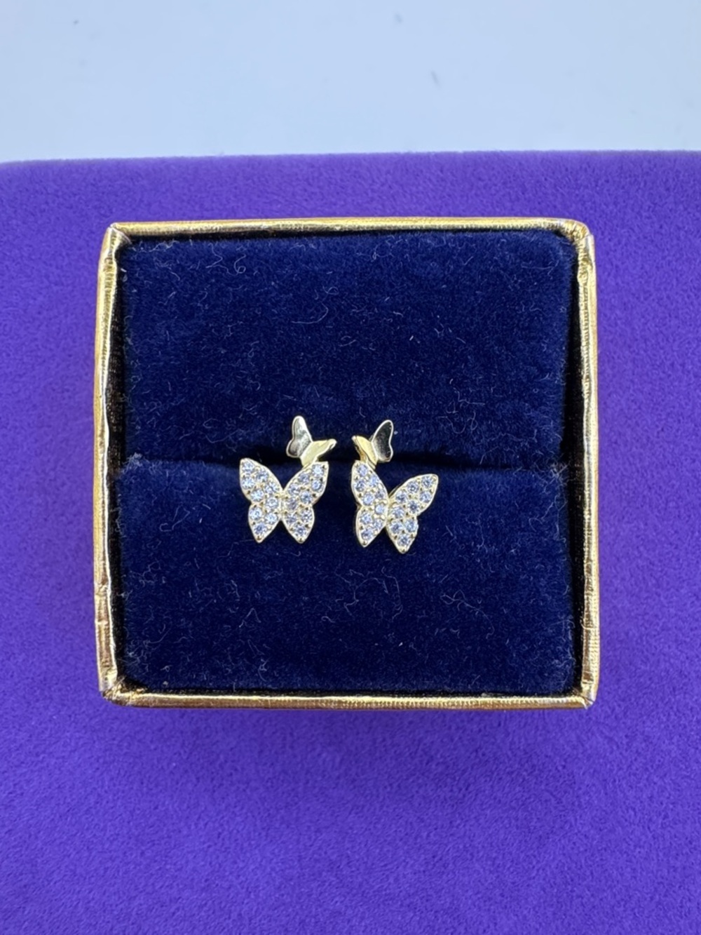 💛 925 Gold Plated Butterfly Stud Earrings with Clear Pavé CZ